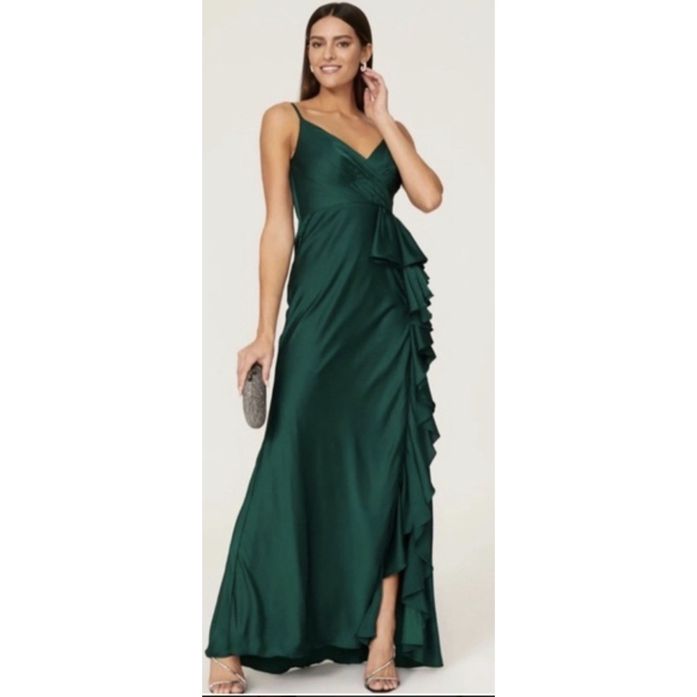 MAC DUGGAL FRG Green Satin Ruffled Asymmetrical Gown #67815 Size 12
